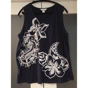 CJ Banks 1X Navy Embroidered Floral Paisley Tank Top 100% Cotton Sleeveless
